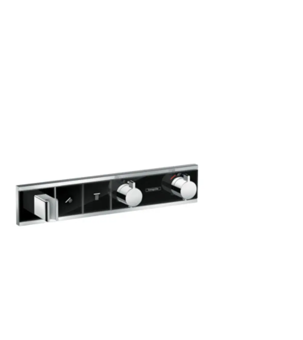 Thermostat mit zwei Verbraucheranschlüssen und Brausehalter in Schwarz/Chrom von Hansgrohe, mit zwei Drehknöpfen zur Regulierung.